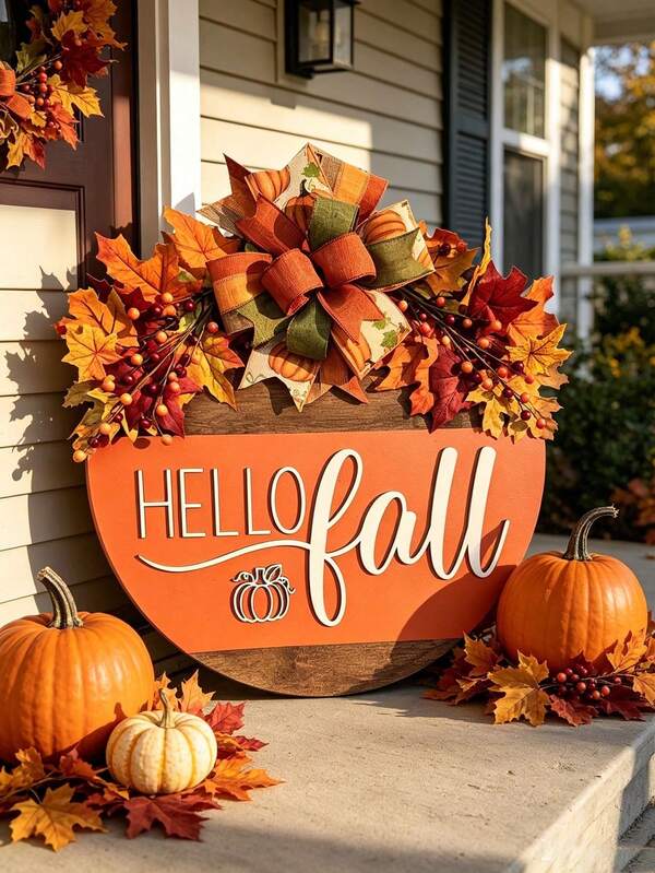 Autumn "Welcome" Hanging Sign, Round Wreath Autumn Theme Design, Front Door Decoration, Suitable For Autumn Celebrations And Thanksgiving Home Decor, Perfect Autumn Home Decor Item