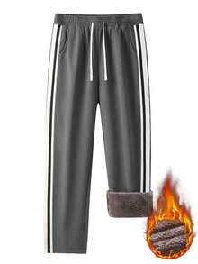 Men's Wool Lined Striped Sweatpants, Elastic Drawstring Waist Loose Straight Leg Pants, Thick Winter Casual Pants With Side Pockets - Grey - View 2