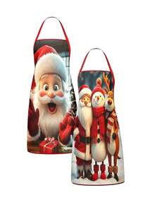 2Pcs 3D Santa Snowman Reindeer Print Christmas Kitchen ApronsChristmas 3D Character Apron Set Of 2, Cute Santa Snowman Reindeer Trio Pattern Kitchen Aprons, Festive Holiday Cooking Baking Wear For Christmas Family Gathering Gift - Multicolor - View 4