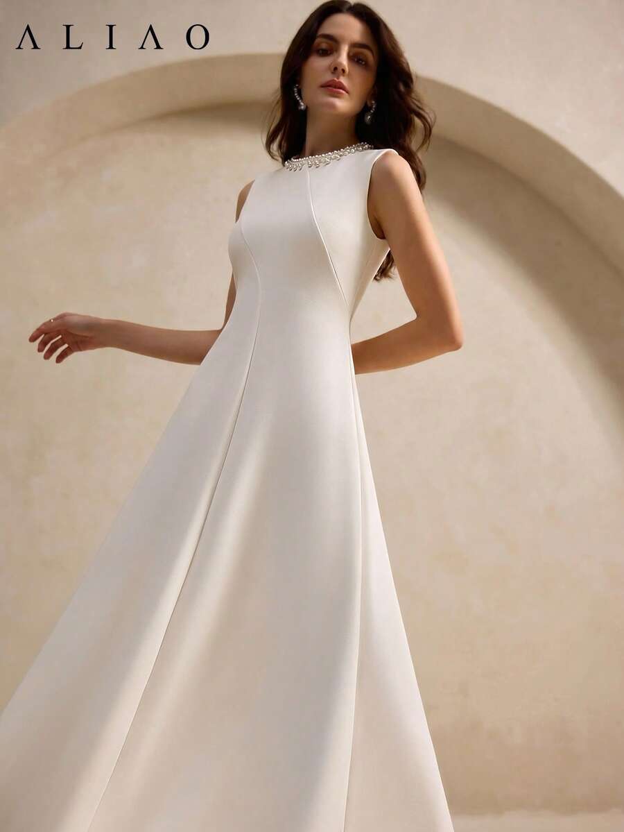 ALIAO Spring Summer Solid Color Dress, 3D Pearl Embellishment, Square Neck Sleeveless, Dinner Party Elegant - Apricot - View 1