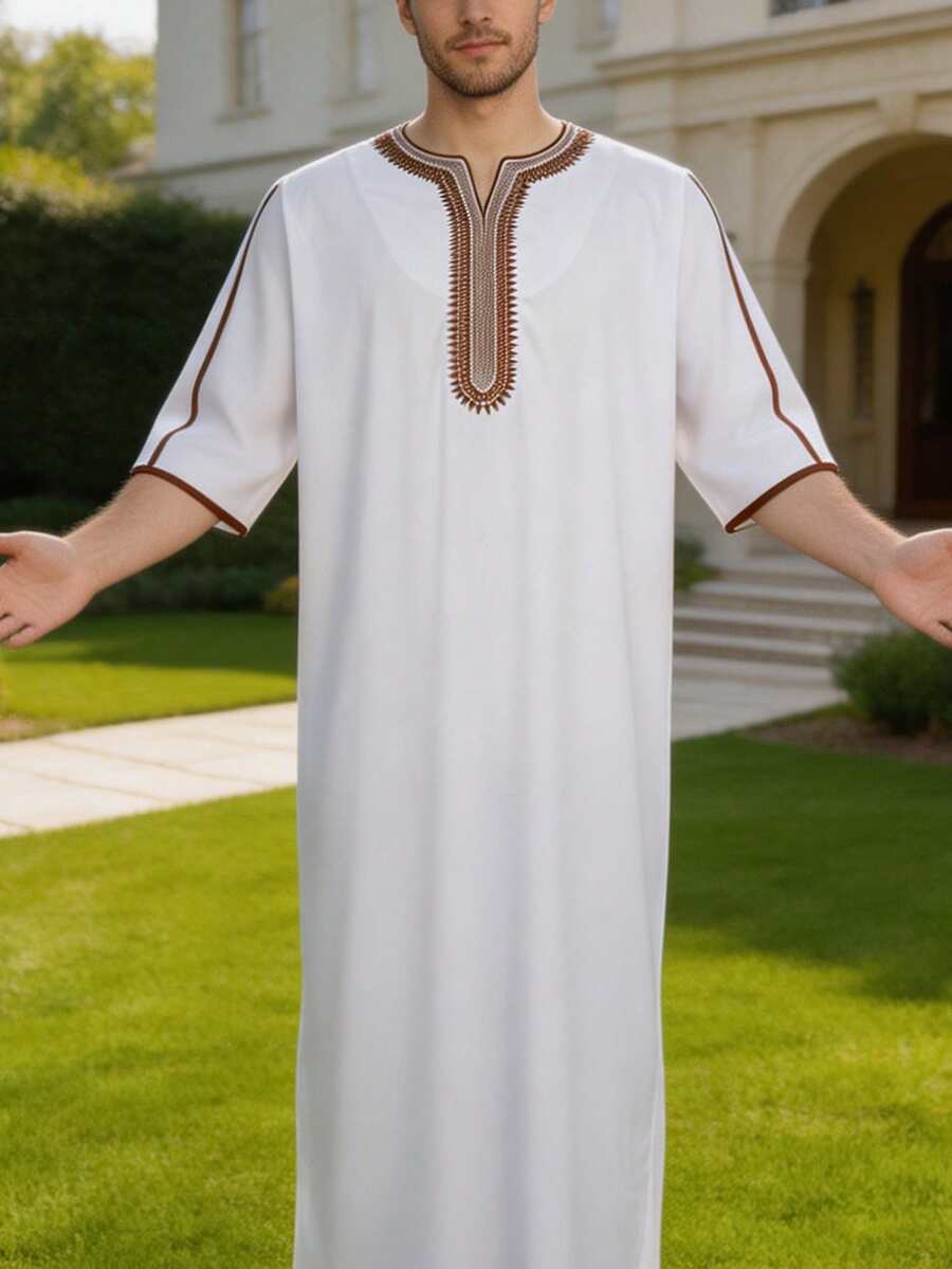 Fashionable Arabic Men's Robe, Short Sleeve Design And Round Neck, Suitable For Prayer, Elegant Casual Men's Arabic Robe, Suitable For Ramadan Occasions, Soft Texture, Traditional Arabic Men's Robe, Men's Short Sleeve Embroidered Robe, Arabic Traditional Clothing, Middle East Dubai Abaya, Breathable Loose Robe, Suitable For Eid, Ramadan And Daily Wear - White - View 1