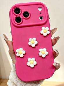 KOOLIFE 1pc Soft Solid Color Phone Case For Apple 17/16/15 Pro Max, Decorated With 3D Floral Pattern, Anti-Slip Soft TPU +PC Wear-Resistant Frame, Camera Bump Protection, Suitable For Daily Use, Holiday Gift - Magenta + Yellow Flower - View 1