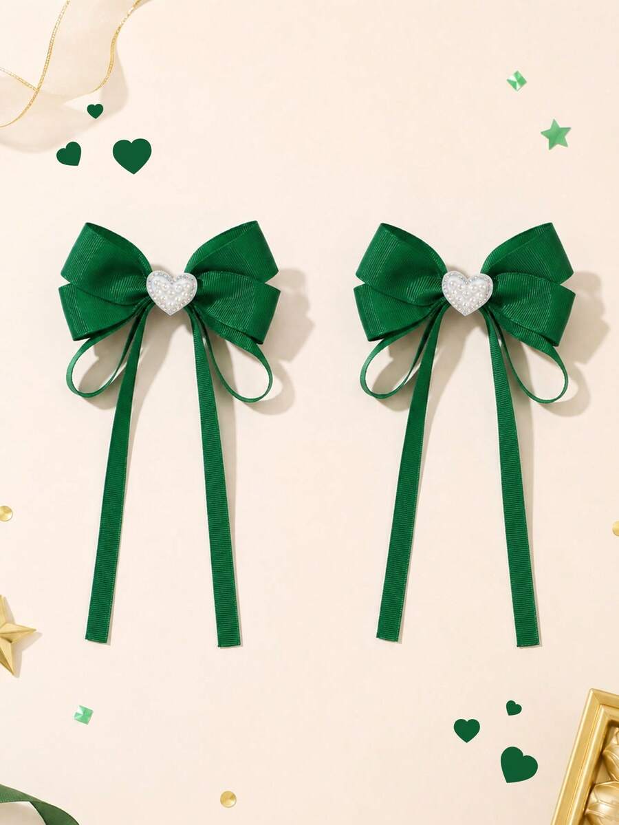 2pcs Green Hair Bow Clips With Tails,Heart-Shaped Pearl Rhinestones Bow Hair Clips,Aligator Clips,Simple Hairpins,Back To School Hair Accessories - Multicolor - View 1
