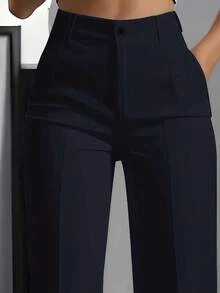 Pantalones de oficina de unicolor con bolsillo y botón para mujer de talla grande, primavera - Azul Marino - Ver 2