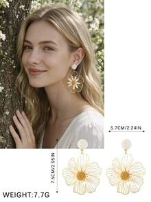 Yanxyad 1/4Pairs Cute Raffia Woven Flower Earrings, Boho Floral Drop Stud Earrings For Women, Summer Beach Vacation Jewelry Gift - Brown - View 10