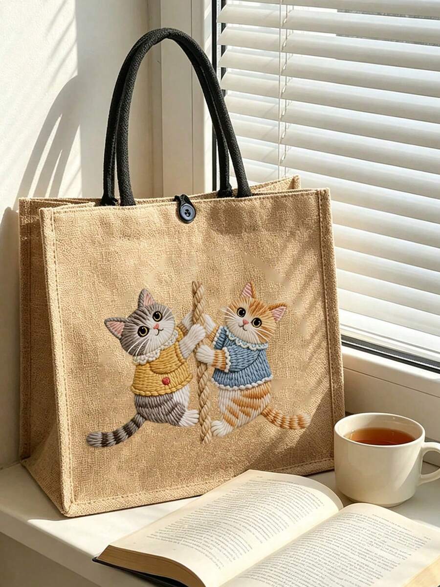 女款時尚手提包,貓咪2D刺繡圖案托特包,超市購物與旅行收納袋,極簡紋理亞麻手提包,大容量包款適用於學校、戶外、旅行,適合女孩、大學生、上班族,完美適合作為生日、教師節、畢業、開學、節日紀念品、婚禮配件 - 彩色 - 查看 1