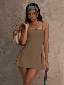 PinkTip Side Slit Backless Spaghetti Strap Yoga Dress With Built-In Shorts, Suitable For Tennis And Outdoor Sports One-Piece Dress Summer - Coffee Brown - View 6