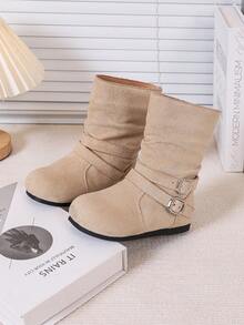 Mid-Calf Flat Boots For Older Kids Students, Fashion Pleated Boots - Beige - View 5