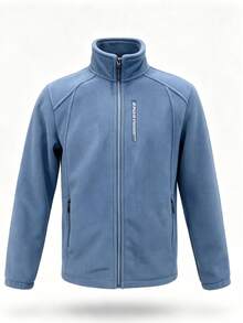 1pc Men's Autumn/Winter Embroidered Chest Zipper Pocket Sports Jacket, Outdoor Casual Fleece Coat Fall - Dusty Blue - View 2