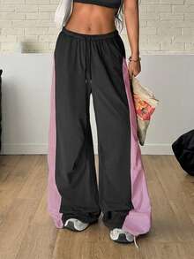 1pc Women's Loose Wide Leg Sports Pants With Pleated Patchwork Contrast Color Design, Fashion For Fitness, Running, Yoga, Training, Commuting And Versatile Occasions - Black - View 1