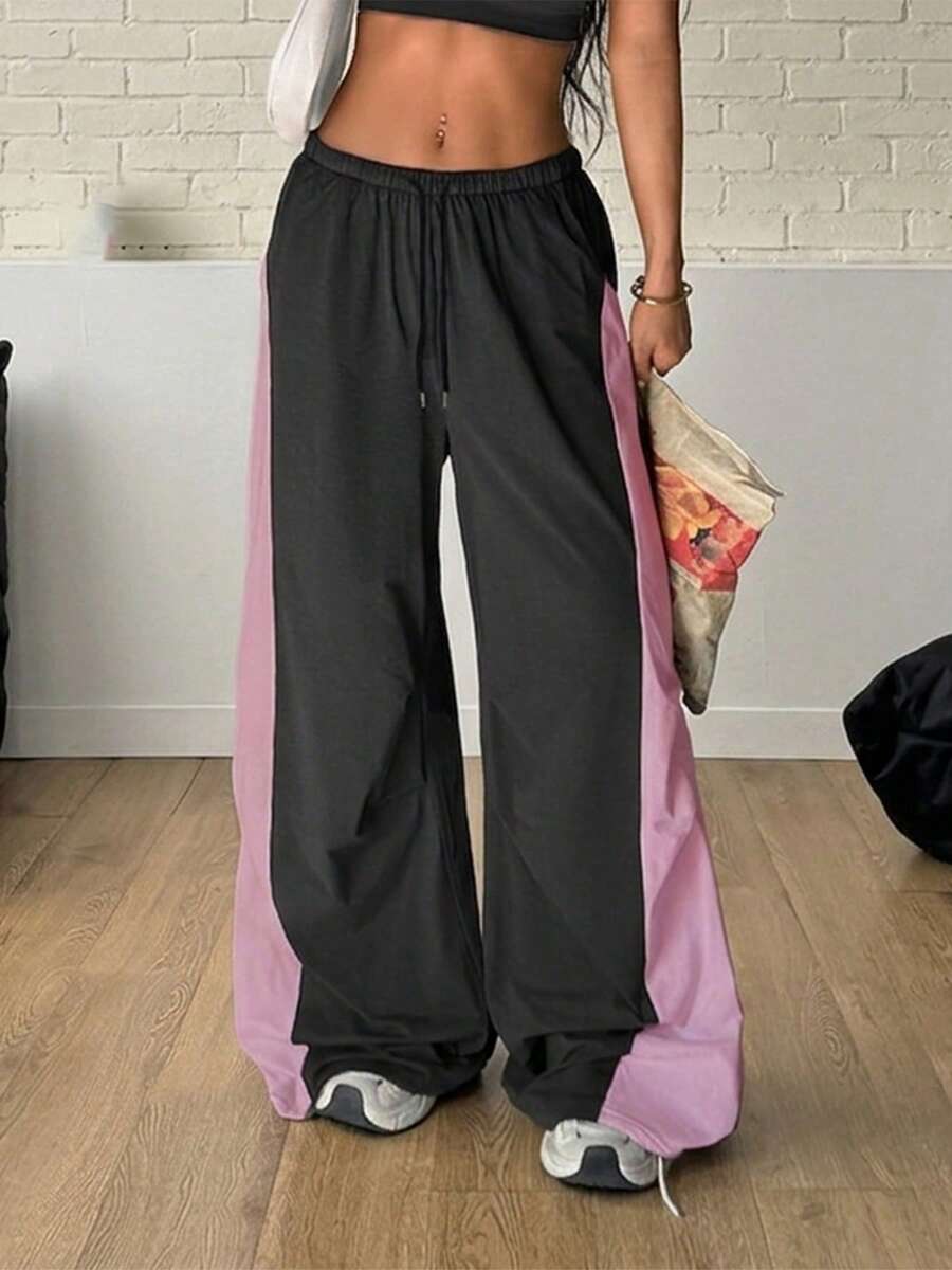 1pc Women's Loose Wide Leg Sports Pants With Pleated Patchwork Contrast Color Design, Fashion For Fitness, Running, Yoga, Training, Commuting And Versatile Occasions - Black - View 1