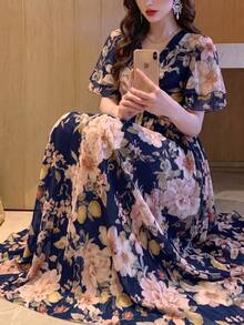 女款新款優雅浪漫花卉修身A字洋裝 - 寶藍色 - 查看 6