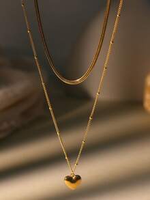 2pcs/Set Stainless Steel Necklace Set Exquisite Heart-Shaped Pendant Necklace Herringbone Chain Bead Chain For Women - Gold - View 3