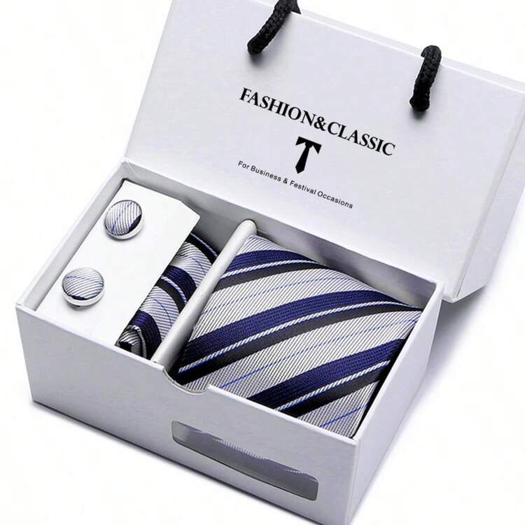 AlanKing Men's Striped Tie Set, Premium Gift Box, Suitable For Holiday And Anniversary Gifts - Color Mixing - View 1