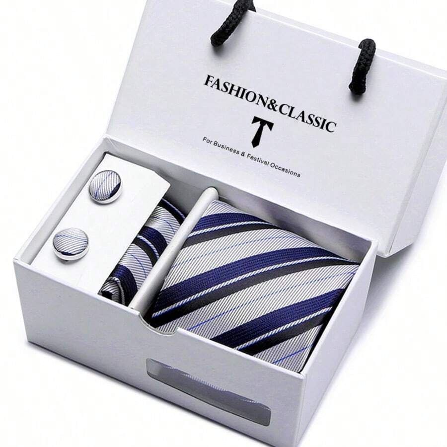 AlanKing Men's Striped Tie Set, Premium Gift Box, Suitable For Holiday And Anniversary Gifts - Color Mixing - View 1