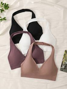4PCS Ribbed Trim Halter Neck Sports Bra, Light Support Seamless Yoga Bra Fitness Activewear For Women - Multicolor - View 2