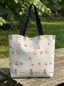 1pc Cartoon Bear & Cherry Print Canvas Tote Bag, Snap Button Large Capacity Shoulder Handbag, Casual Shopping Commuting School Daily Carry Bag - White - View 1