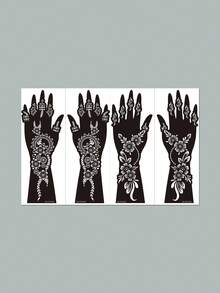 4pcs Henna Tattoo Stencil Set For Left & Right Hands, Traditional Floral Wreath + Fresh Flower Designs, Suitable For Wedding, Eid, Islamic Festivals, Music Festivals, Photoshoot - Black - View 8