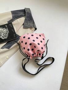 1pc Nylon Solid Color Drawstring Bucket Bag With Plush Pendant Accessory, Fashion Crossbody Shoulder Bag For Women - Pink - View 5