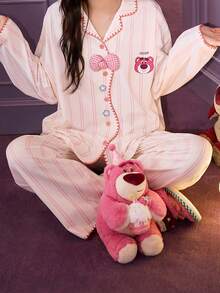 Gongdie 2pcs Disney Women's Pajama Set, Spring/Autumn Striped Soft Pure Cotton Loungewear, Pink Bear Print With Plaid Bow - Beige - View 5