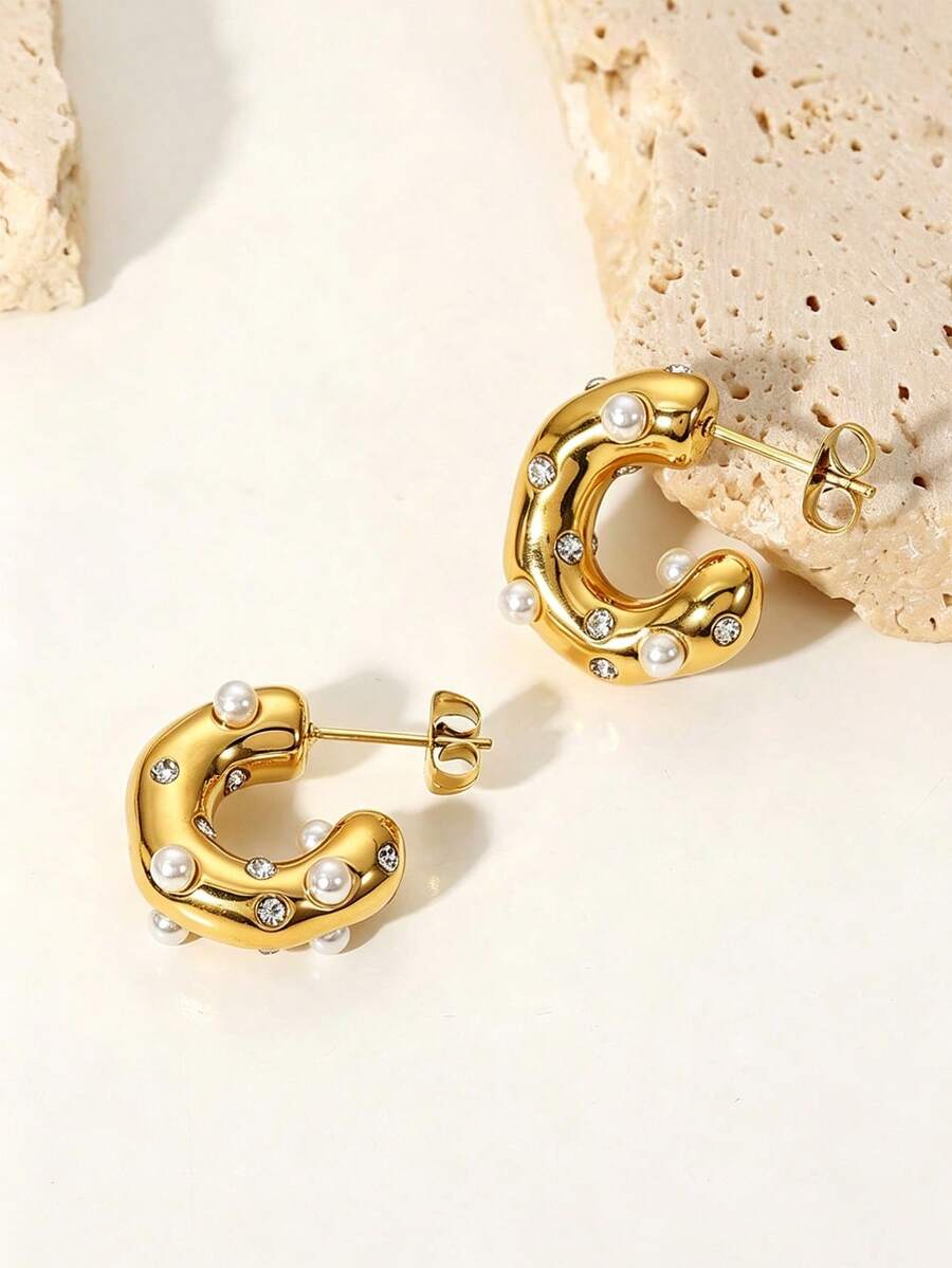 S SHOPBOHO 1 Paar Glänzende Edelstahl Kupfer Zirkonia & Gefälschte Perlen Dekorierte Manschette Creolen Ohrringe Für Frauen Zur Täglichen Dekoration