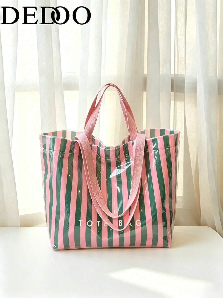 Dedoo Tote Bag Student Backpack, Vertical Stripes, Glossy Waterproof Material, Printed Letters, Large Capacity, Suitable For College Girls' Daily Casual Use - Green - View 1