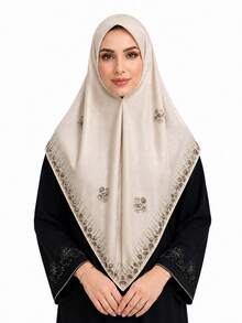 1pc 43.31 X 43.31 In Women's Luxury Heavy Hand-Set Multicolor Rhinestone Square Hijab Scarf, Opaque Solid Color Headscarf, Party Shawl & Veil - Champagne - View 2
