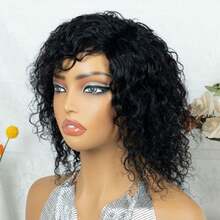 AMECIRE Black Curly Wig Fluffy Shape With Bangs Human Hair Wigs Pixie Cut Wig Wigs For Women Short Hair Wig Elastic Mesh Cap Suitable For Everyday Wear And Holidays - Natural Black - View 7