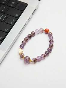 [VE]1pc High-Quality Natural Purple Phantom Quartz Crystal Bracelet, S925 Silver Accessories, Wearing Purple Phantom Can Improve Emotional Stability, Reduce Stress And Anxiety, Enhance Personal Charm And Confidence, Help Improve Interpersonal Relationships, Suitable For Women's Daily Wear, Birthday Gift For Friends, Sisters, Classmates, Natural Jewelry Color Random - Multicolor - View 3