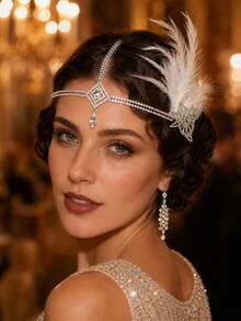 1pc 1920s Flapper White Feather Forehead Headband With Rhombus Rhinestone Water Drop Pendant, Gatsby Women's Evening Party Headpiece - Rhinestones - View 1