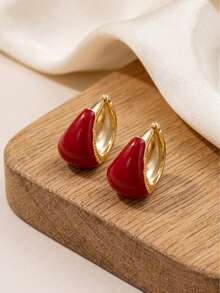 1 Pair Colorful Enamel Teardrop Hoop Earrings, Water Drop Earrings, Minimalist Daily Fashion Jewelry For Women Wedding/Party/Daily Wear - Red - View 12