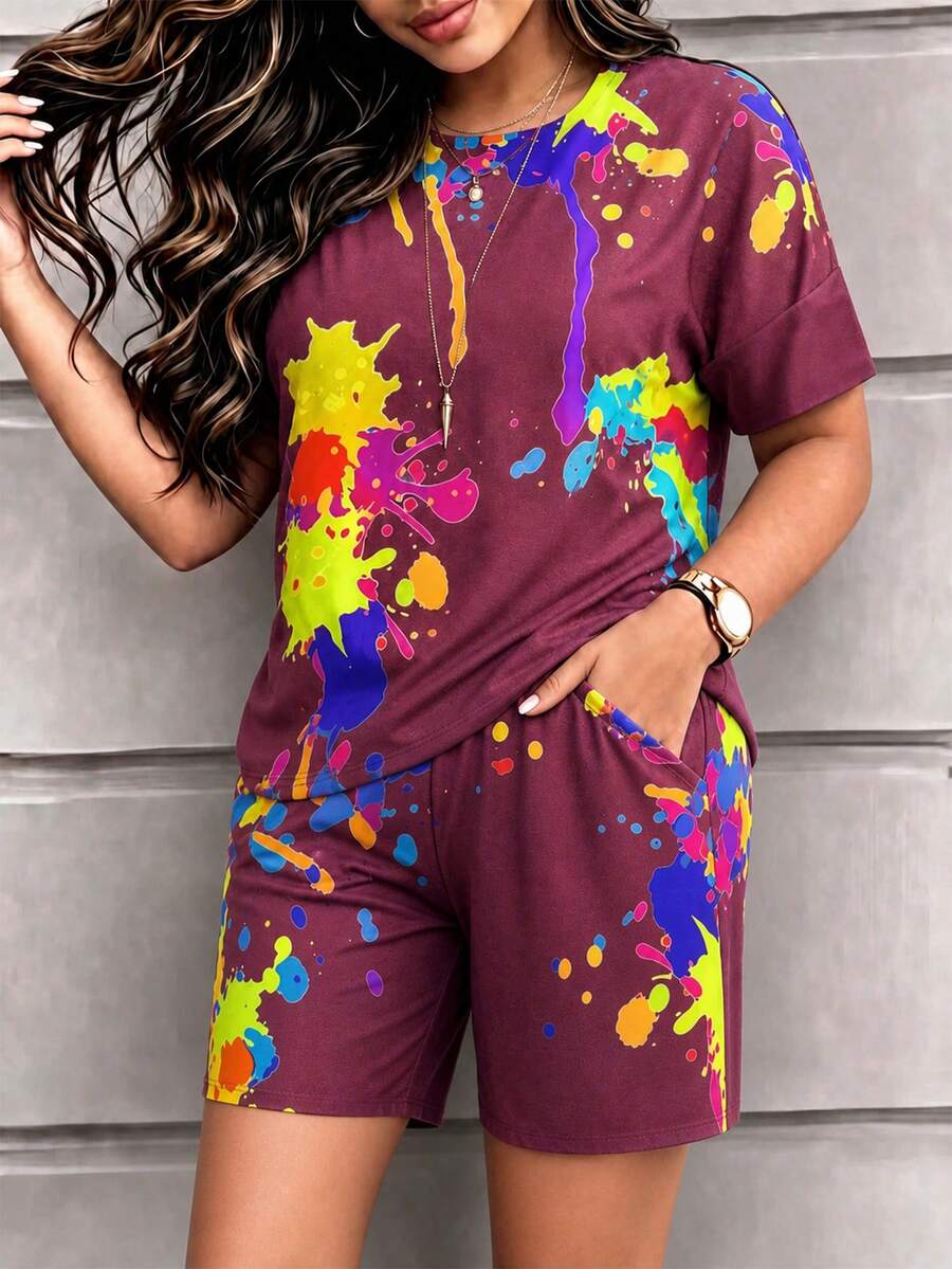 Setelan Wanita Ukuran Besar 2 Potong Motif Acak, Kaos Lengan Pendek dan Celana Pendek, Pakaian Kasual untuk Liburan Musim Panas yang Elegan - Burgundy - View 1
