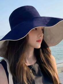 Women's Bucket Hat Sun Protection Hat Face Sunshade Hat Wide Brim Hat Korean Style Versatile Sun Protection Double-Sided Japanese Style Fashion Personalized Versatile Solid Color Casual Bohemian Vintage Party Street Elegant Polyester (Polyester) Solid Color Windproof Sun Protection Hat Spring Summer - hat - View 3