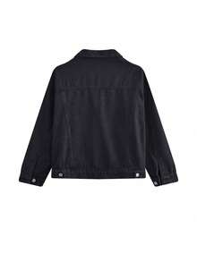 Vintage Contrast Stitching Double Pocket Cropped Denim Jacket - Black - View 3
