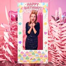 1pc Cute Dumpling Cartoon Pattern Happy Birthday Backdrop, Pink Photo Booth Frame Background, Birthday Party Supplies, Room Decor, Outdoor Decor, Suitable For Birthday Party Selfie Photo Background Decoration - Multicolor - View 4