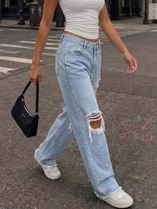 Pantalones rectos de mezclilla sin estiramiento con roturas para mujer, lavado claro, adecuados para uso casual y de fiesta en otoño - Azul - Ver 6