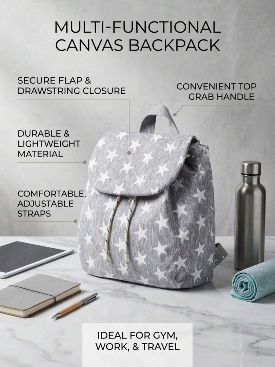 Star Pattern Canvas Yoga Backpack, Flap Drawstring Closure Style, Built-In Hand Carry Handle, Lightweight Wear-Resistant Fabric, Adjustable Shoulder Straps. Minimalist Versatile Design, Ample Capacity, Suitable For Yoga Fitness, Short Trips, Daily Commute, Unisex Artistic Sports Casual Storage Backpack - Grey - View 1