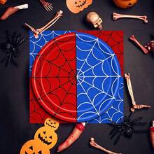 10pcs/20pcs/50pcs/80pcs Halloween Spiderweb-Themed Party Tableware Featuring Red And Blue Spiderweb Patterns; Includes Disposable Paper Plates, Napkins, And Cups Suitable For Halloween And Birthday Party Decorations. - Multicolor - View 6