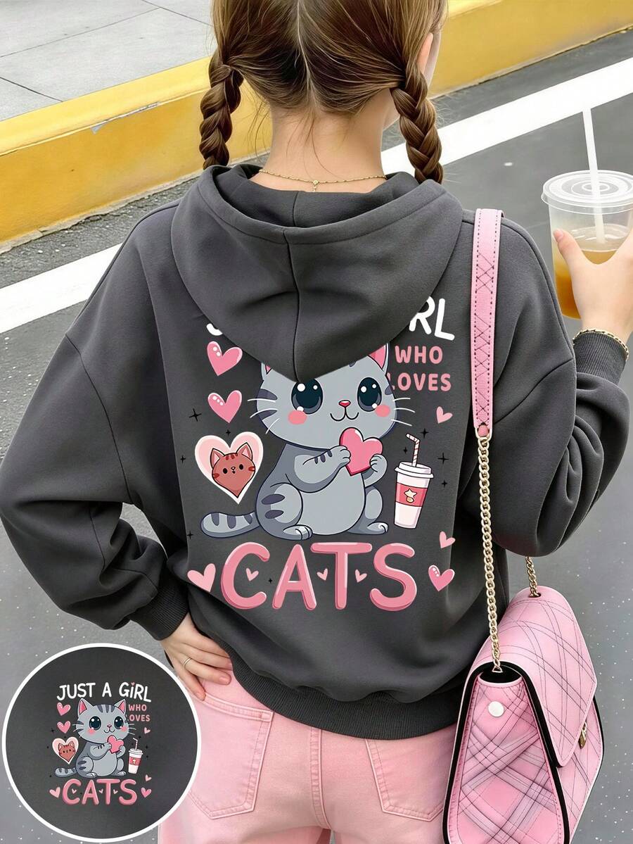 Girls' Letter Print Sweatshirt, Casual Sweatshirt, Suitable For Spring And Autumn, Girls' Clothing, Suitable For School, Vacation, Shopping And Sports And Other Occasions. - Dark Grey - View 1