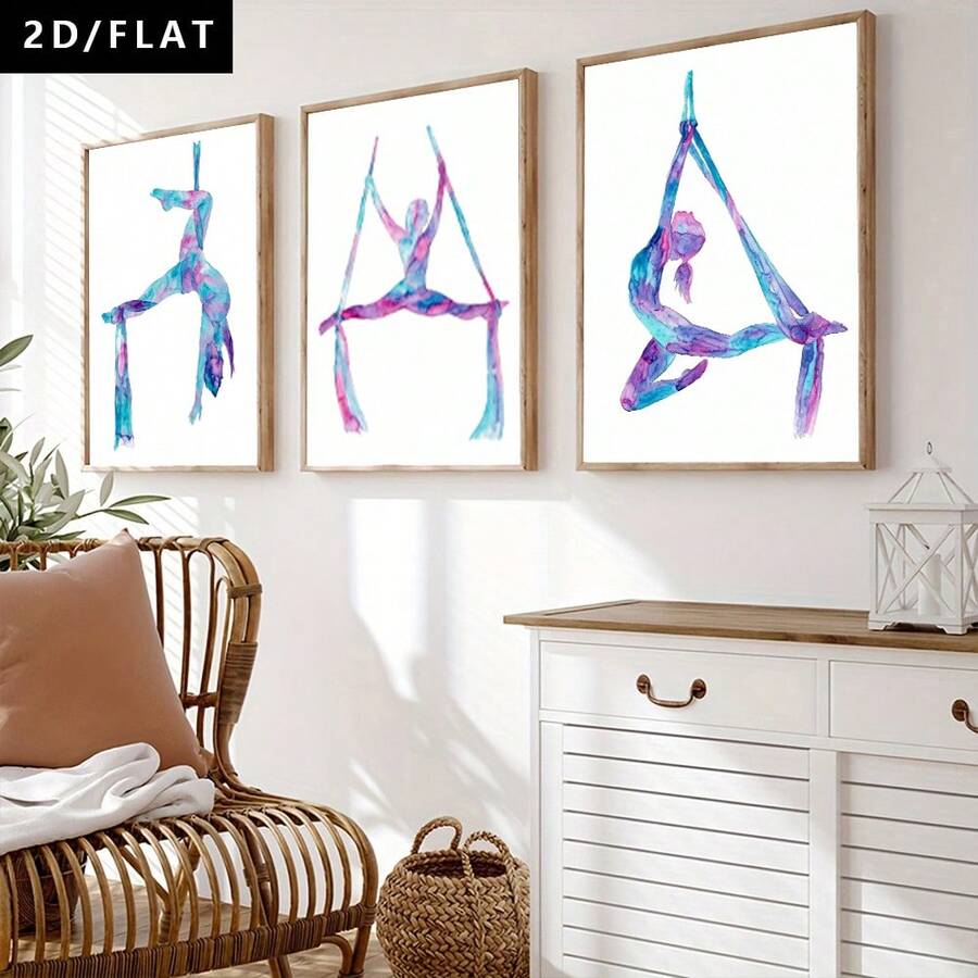 3PCS Modern Cartoon Realistic Art Style Air Ladies Silk Art Yoga Painting Oil Painting Canvas Painting Wall Art Decoration, Watercolor Color Air Dance Printing Poster Pictures Room Decoration, Corridor, Study, Bedroom Wall Decor(No Frame/Framed)