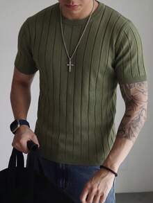 Men's Vertical Ribbed Crew Neck Short Sleeve T-Shirt, Vintage Casual Summer Streetwear Top - Army Green - View 4