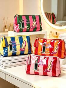 Colorful Striped Beach Makeup Bag With "Hello Gorgeous" Letter, Perfume And High Heel Pattern, Tassel Zipper, Cute Colorful Beach Pattern Decoration, Waterproof PVC Toiletry Bag, Portable Travel Cosmetic Storage Bag, Multi-Functional Toiletry Bag, Vacation Makeup Storage Bag, Perfect For Beach, Pool, Cruise And Holiday Essentials, Birthday Gift, Party Gift, Wedding Gift, Back To School Gift, Travel Souvenir - Multicolor - View 3