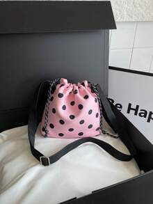 1pc Nylon Solid Color Drawstring Bucket Bag With Plush Pendant Accessory, Fashion Crossbody Shoulder Bag For Women - Pink - View 2