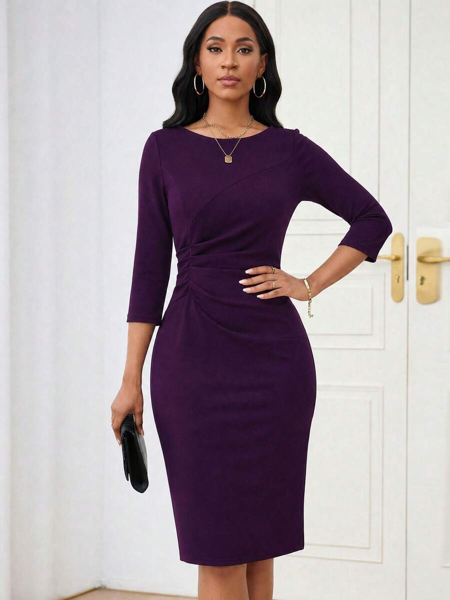 Women's 3/4 Sleeve Elegant Ruched Fitted Bodycon Work Dress - Purple - View 1