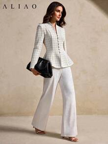 Aliao Autumn/Winter Plaid Shiny Fabric Ruffle Collar Long Sleeve Slim Fit Elegant Jacket, Date Party French Court Style Outerwear Wedding Guest Outfit - White - View 8
