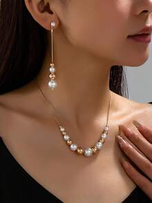 1 Set Minimalist Fashion Snake Chain With Faux Pearl And CCB Spacer Beads Necklace And Earrings Set, Elegant Women's Contrast Color Beaded Necklace And Earrings Set, Suitable For Daily Wear, Dating, Afternoon Tea, Party And Other Occasions - Beaded Necklace and Earrings Set - View 6