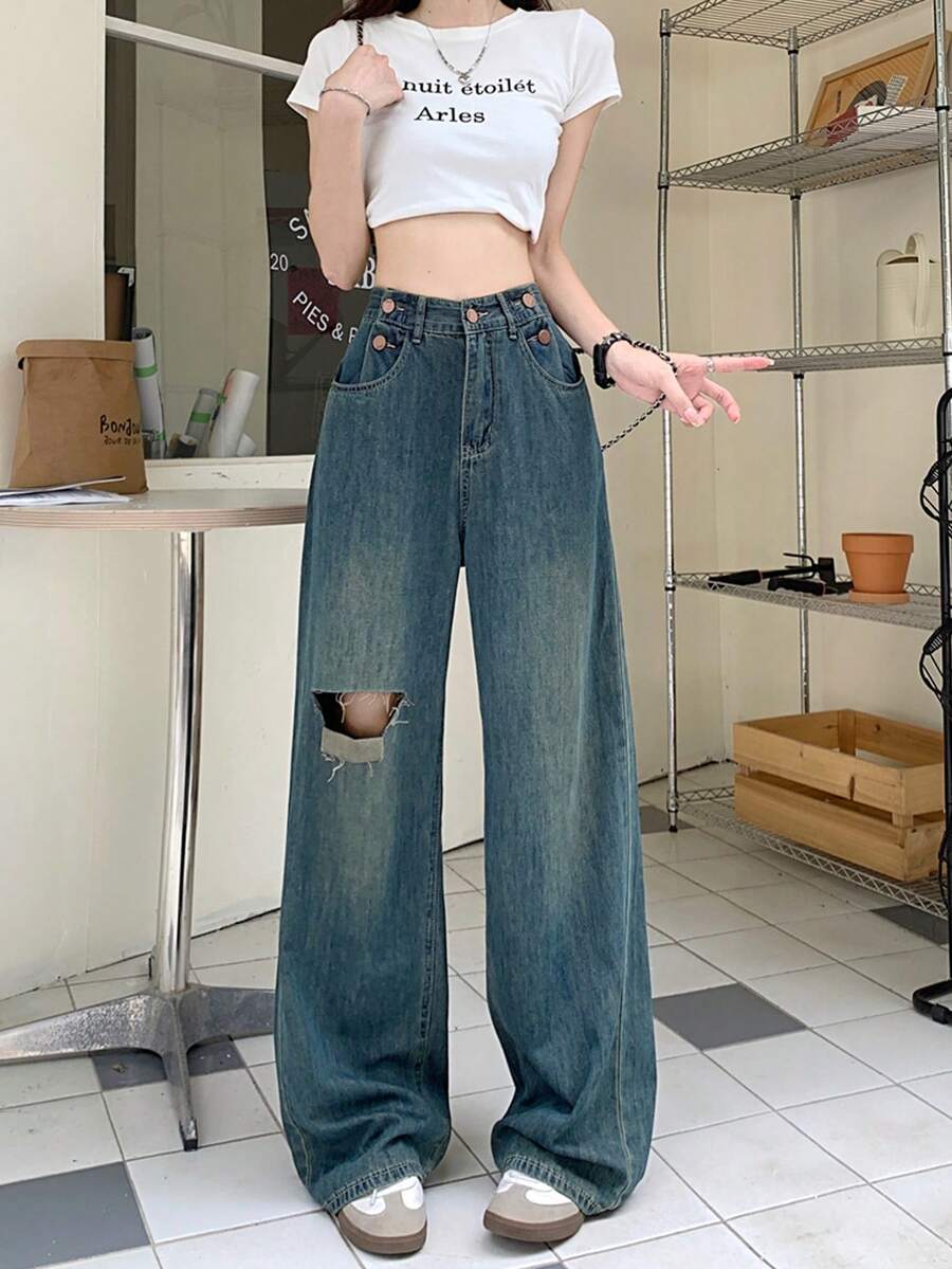 American Style Distressed Denim Jeans Women's Summer Design Vintage Loose Slouchy Wide Leg Long Pants - Blue - View 1