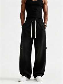 Men's Loose Fit Sports Pants, Wide Leg Casual Jogging Pants | High Waist Drawstring, 2 Deep Pockets, Open Hem, Loose Joggers, Streetwear Style - Black - View 4