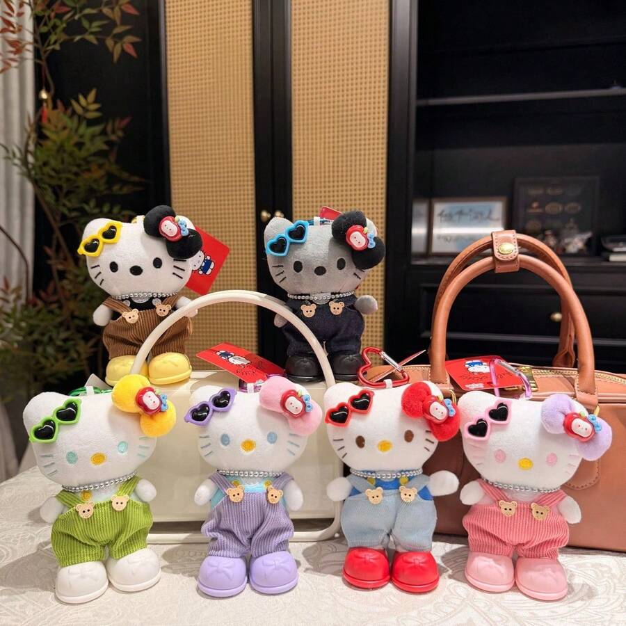 1pc Sanrio Hello Kitty Plush Bag Charm, Cute Fashion Glasses Doll Pendant With Corduroy Overalls, Adorable Cartoon Handbag Backpack Wallet Decoration, Soft Filled Collectible, Birthday Gift For Women And Girls, Multiple Colors