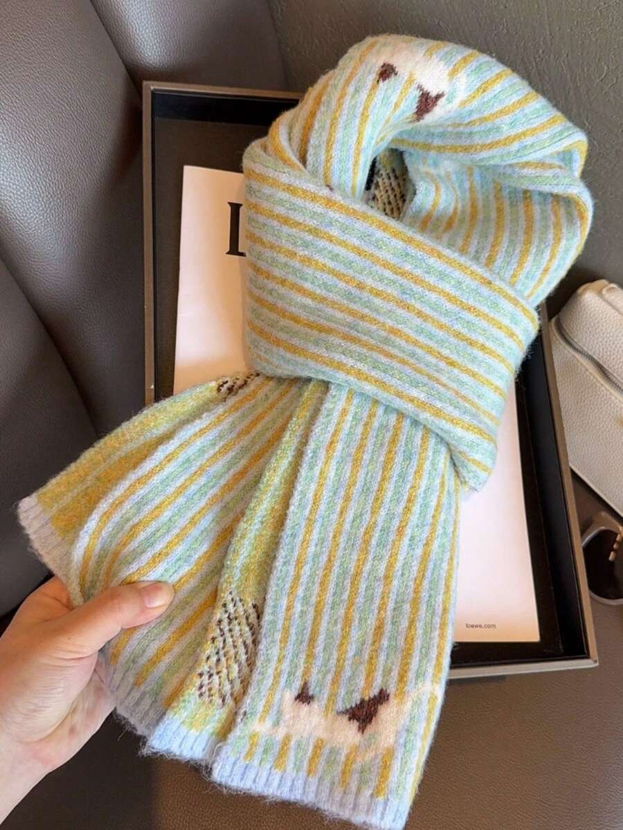 1PC Striped Cute Cat Knit Wool Scarf Women Autumn/Winter Korean Style Versatile Atmosphere Neck Warmer - Green - View 1